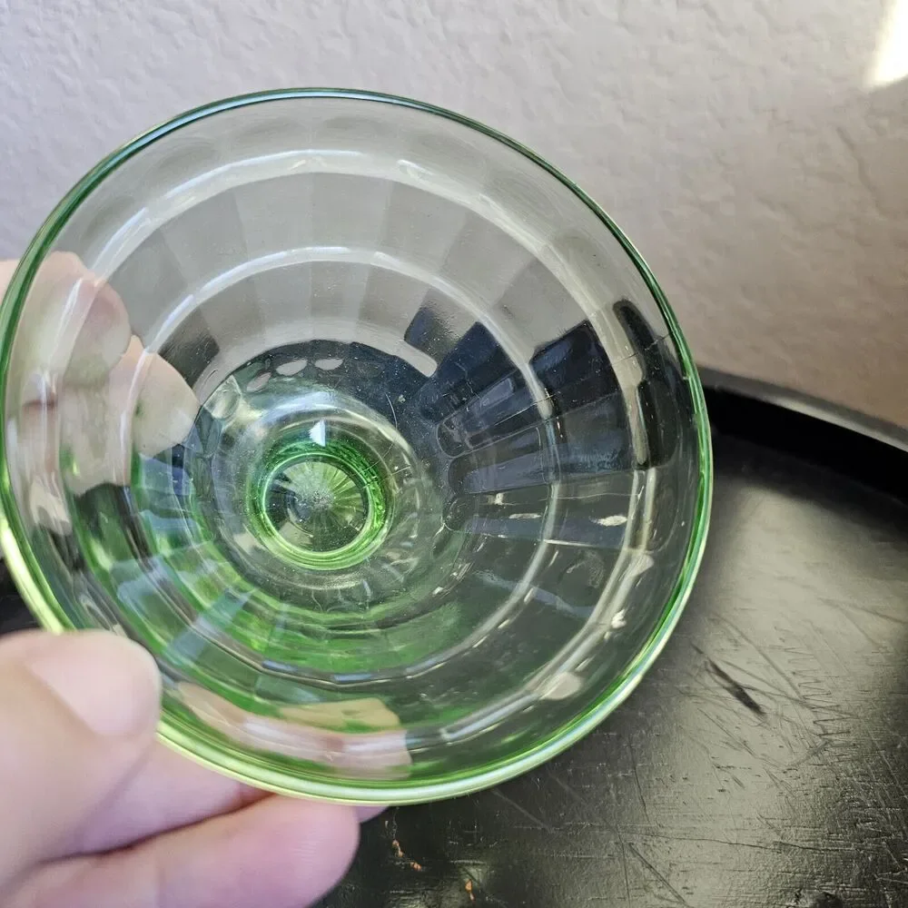 Vintage Depression Glass Sherbet Dish, Anchor Hocking, Block Optic, Green Glow